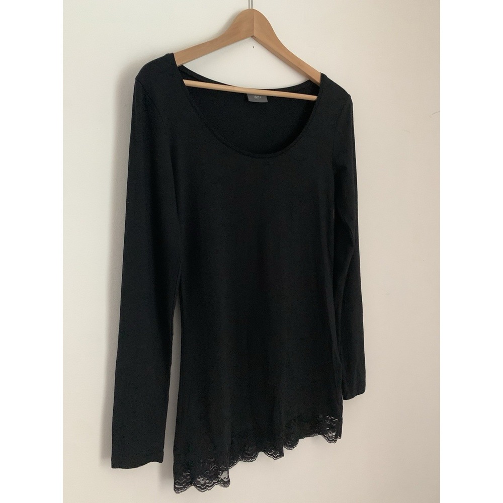 ICHI Jacilia Top Sz M Black Long Sleeve Lace Hem Y2K Round Neck Quiet Luxury